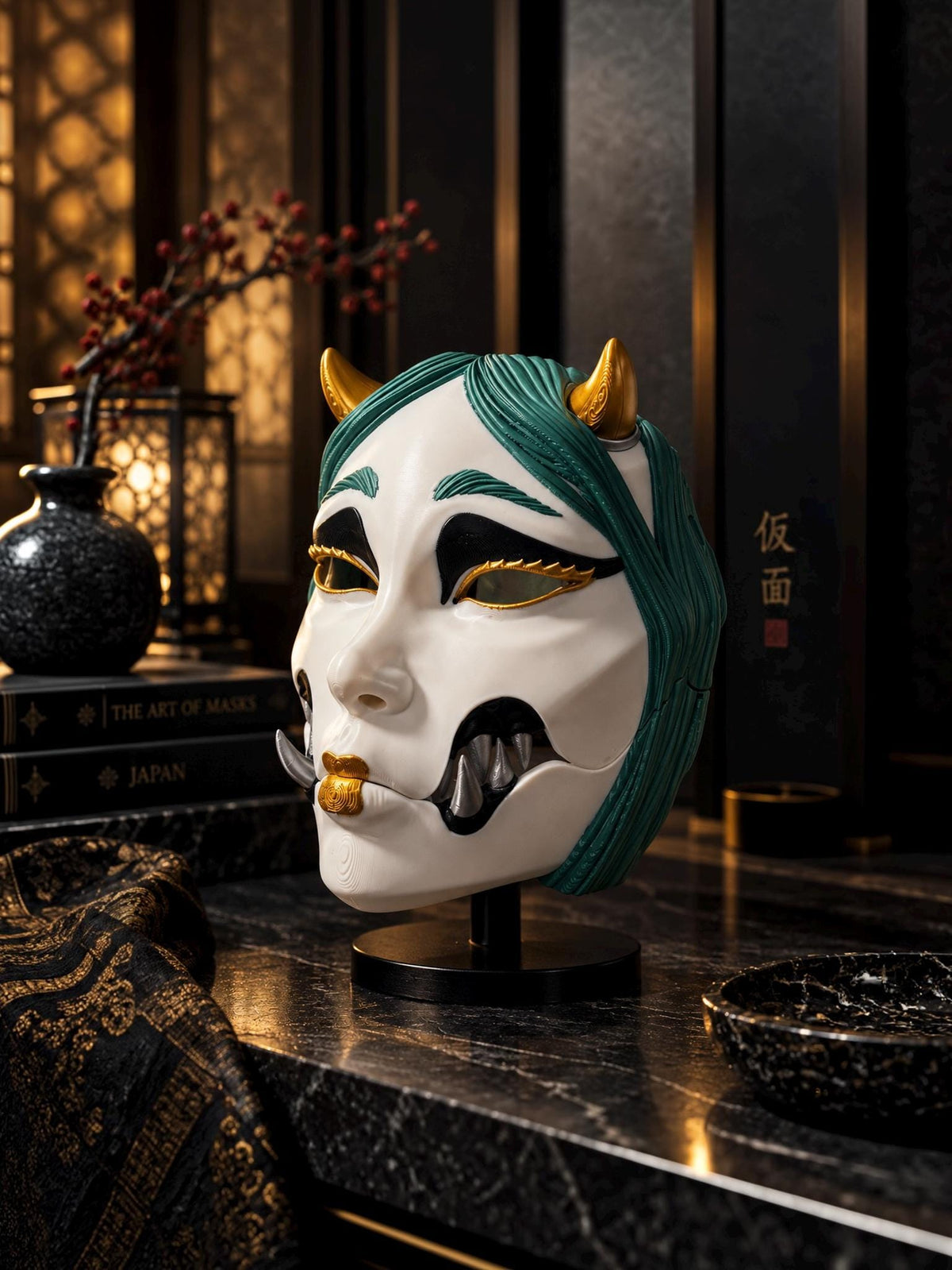 PRE-COLORED - NO Hand crafted Demon Kuchisake Green Mask - Japanese Horror Folklore, Cosplay Masquerade