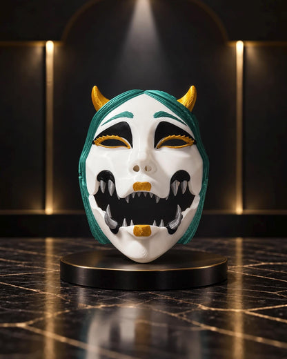 PRE-COLORED - NO Hand crafted Demon Kuchisake Green Mask - Japanese Horror Folklore, Cosplay Masquerade