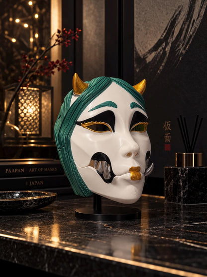 PRE-COLORED - NO Hand crafted Demon Kuchisake Green Mask - Japanese Horror Folklore, Cosplay Masquerade