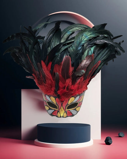 Incas Inspired Venetian; Luxurious Red & Black Feathers with Gold Red mask, handcrafted venetian mask for cosplay fantasy events.