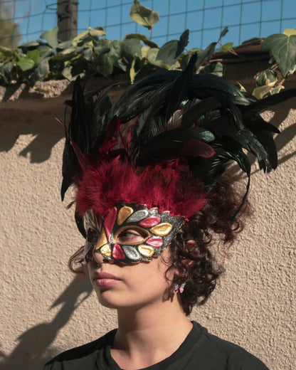 Incas Inspired Venetian; Luxurious Red & Black Feathers with Gold Red mask handcrafted for cosplay or masquerade events.