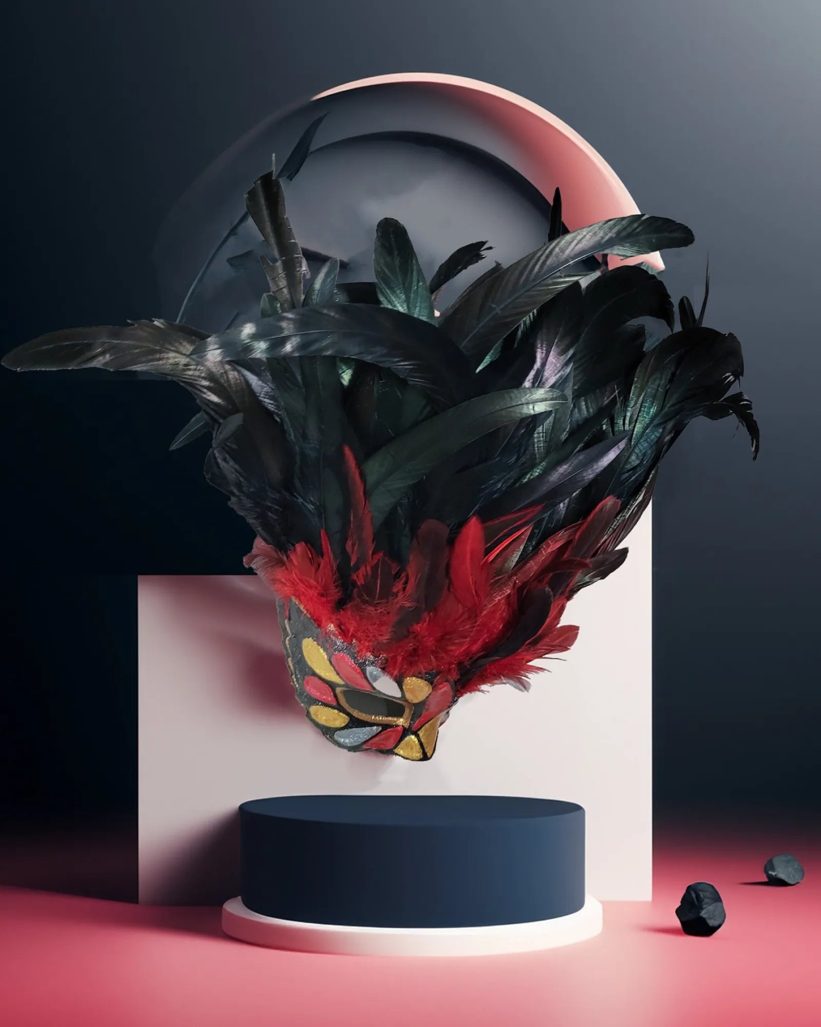 Incas Inspired Venetian; Luxurious Red & Black Feathers with Gold Red mask, handcrafted Venetian mask for cosplay and fantasy events.