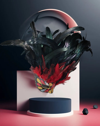 Incas Inspired Venetian; Luxurious Red & Black Feathers with Gold Red mask, handcrafted Venetian mask for cosplay and fantasy events.