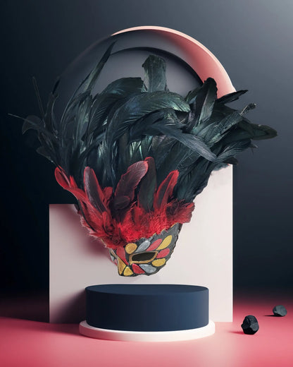 Incas Inspired Venetian; Luxurious Red & Black Feathers with Gold Red mask, handcrafted for masquerade, cosplay, and fantasy events.