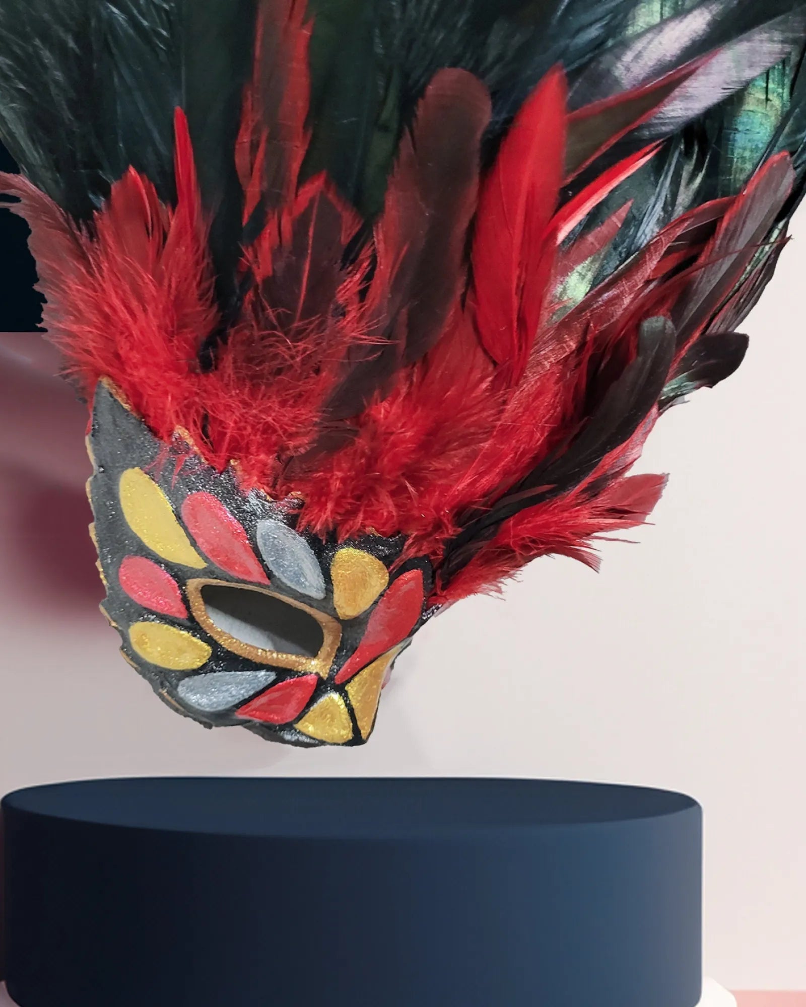 Incas Inspired Venetian; Luxurious Red & Black Feathers with Gold Red mask, handcrafted venetian mask for cosplay and fantasy events.