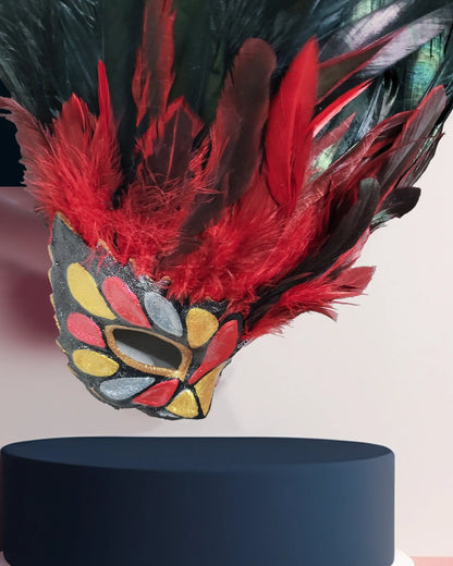 Incas Inspired Venetian; Luxurious Red & Black Feathers with Gold Red mask, handcrafted venetian mask for cosplay and fantasy events.
