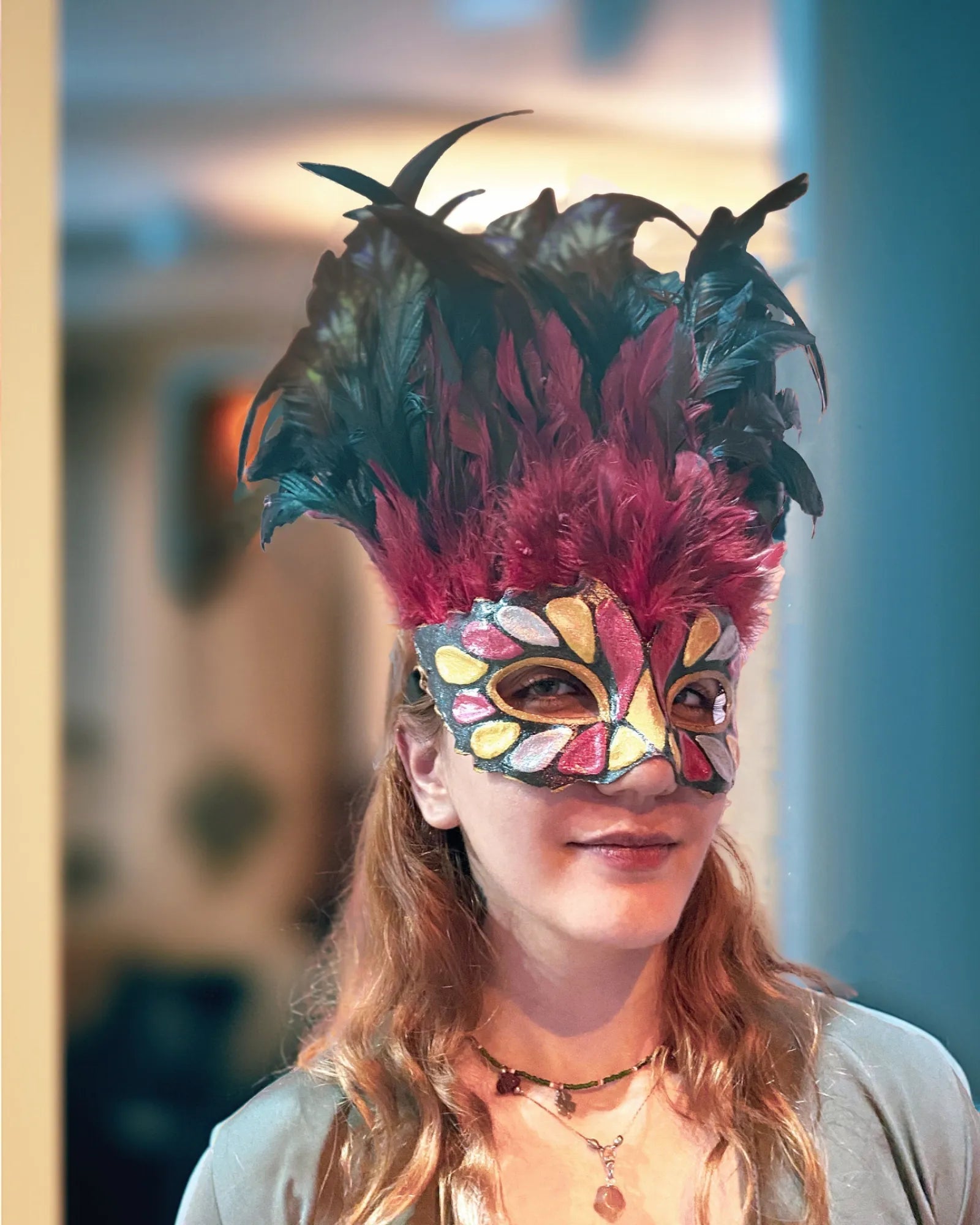 Incas Inspired Venetian; Luxurious Red & Black Feathers with Gold Red mask, handcrafted cosplay fantasy venetian mask