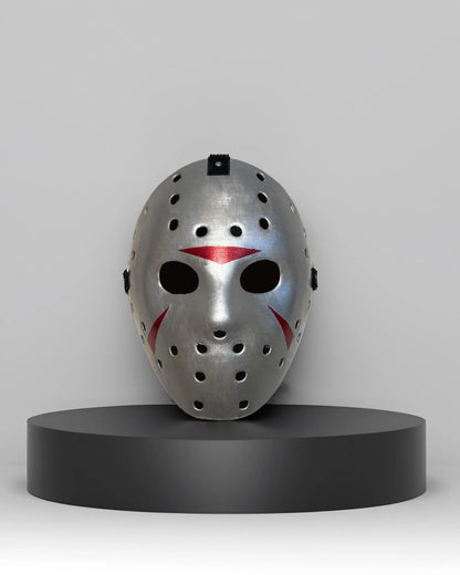 Jason Voorhees Friday the 13th; Handcrafted Spooky Halloween Mask on display, featuring Venetian style, ideal for cosplay and masquerades.