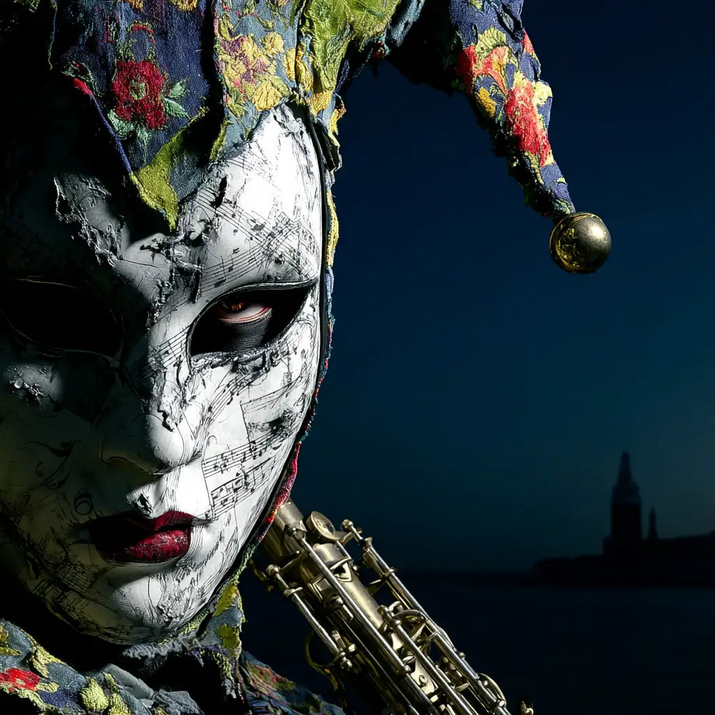 Jester hat with floral pattern and silver tip, black face paint