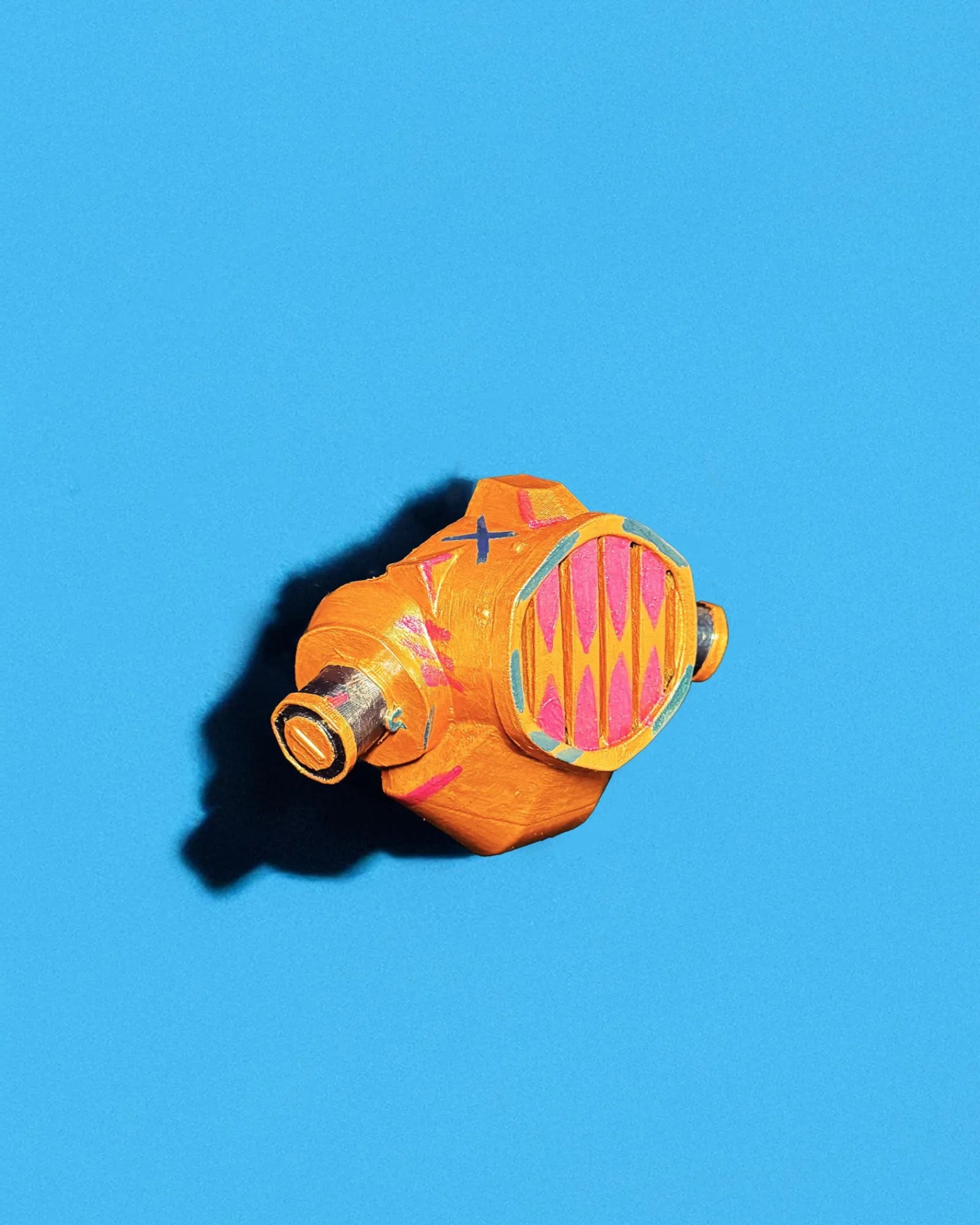 Jinx Jinxed Enforcer Gas; League of Legends Arcane Mask, handcrafted Venetian cosplay mask in vibrant colors on a blue background