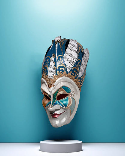 Joker Venetian Iconic Techno Blue; Colorful Rio Carnival, Jolly Mask handcrafted venetian mask for cosplay and fantasy events.