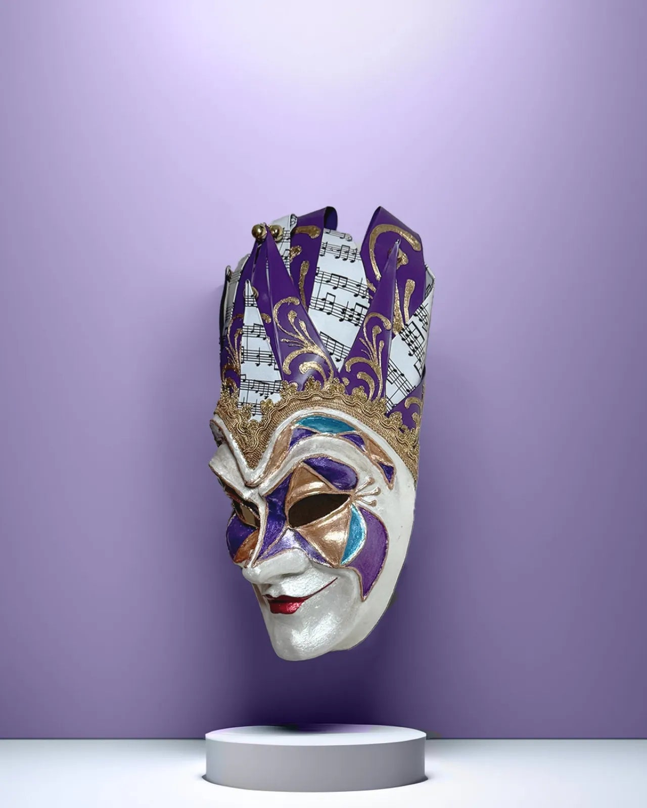 Joker Venetian Mask Iconic Techno Purple; Colorful Rio Carnival, Jolly Mask, handcrafted Venetian cosplay fantasy mask on display