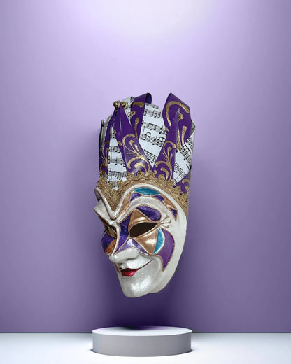 Joker Venetian Mask Iconic Techno Purple; Colorful Rio Carnival, Jolly Mask, handcrafted Venetian cosplay fantasy mask on display