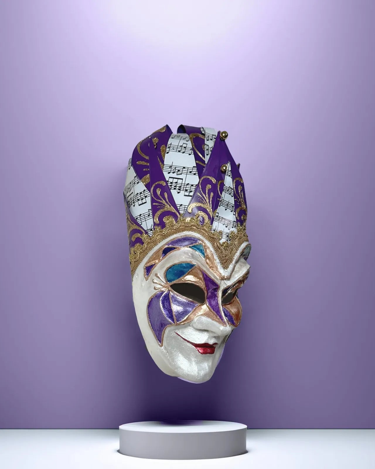 Handcrafted Joker Venetian Mask Iconic Techno Purple; Colorful Rio Carnival, Jolly Mask for cosplay and fantasy enthusiasts.
