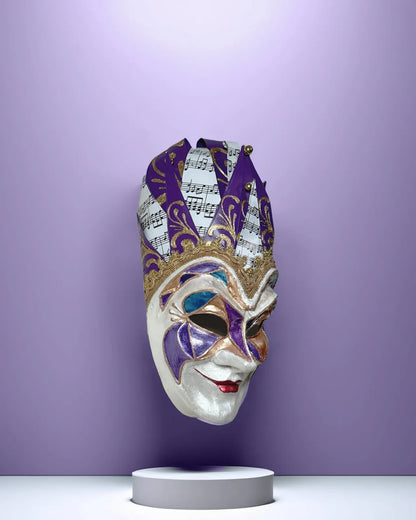 Handcrafted Joker Venetian Mask Iconic Techno Purple; Colorful Rio Carnival, Jolly Mask for cosplay and fantasy enthusiasts.