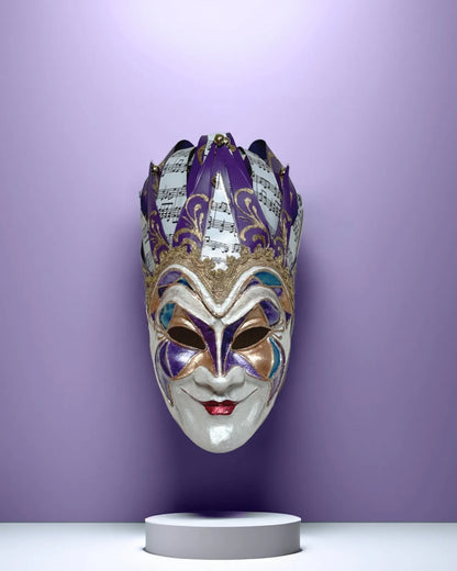 Joker Venetian Mask Iconic Techno Purple; Colorful Rio Carnival, Jolly Mask - handcrafted Venetian mask for cosplay and fantasy events.