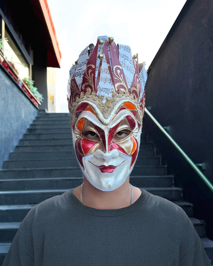 Joker Venetian Mask Iconic Techno Red; Colorful Rio Carnival handmade Venetian mask for cosplay, fantasy, and Halloween.