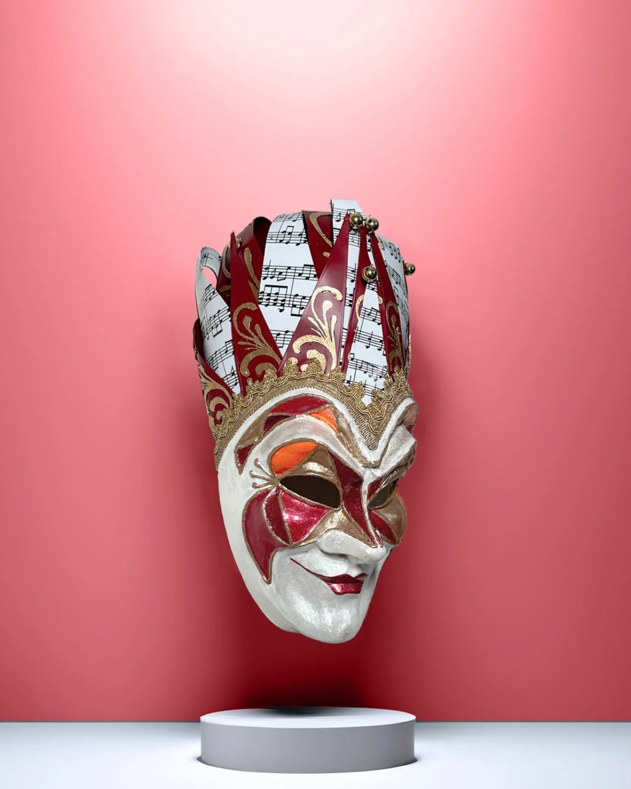 Handcrafted Joker Venetian Mask Iconic Techno Red; Colorful Rio Carnival, perfect for cosplay and events, displayed against a vibrant background.