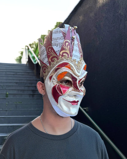 Joker Venetian Mask Iconic Techno Red; Colorful Rio Carnival handcrafted Venetian cosplay mask with fantasy design.