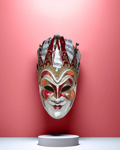 Joker Venetian Mask Iconic Techno Red; Colorful Rio Carnival, handcrafted hard plastic Venetian mask for cosplay and fantasy events.