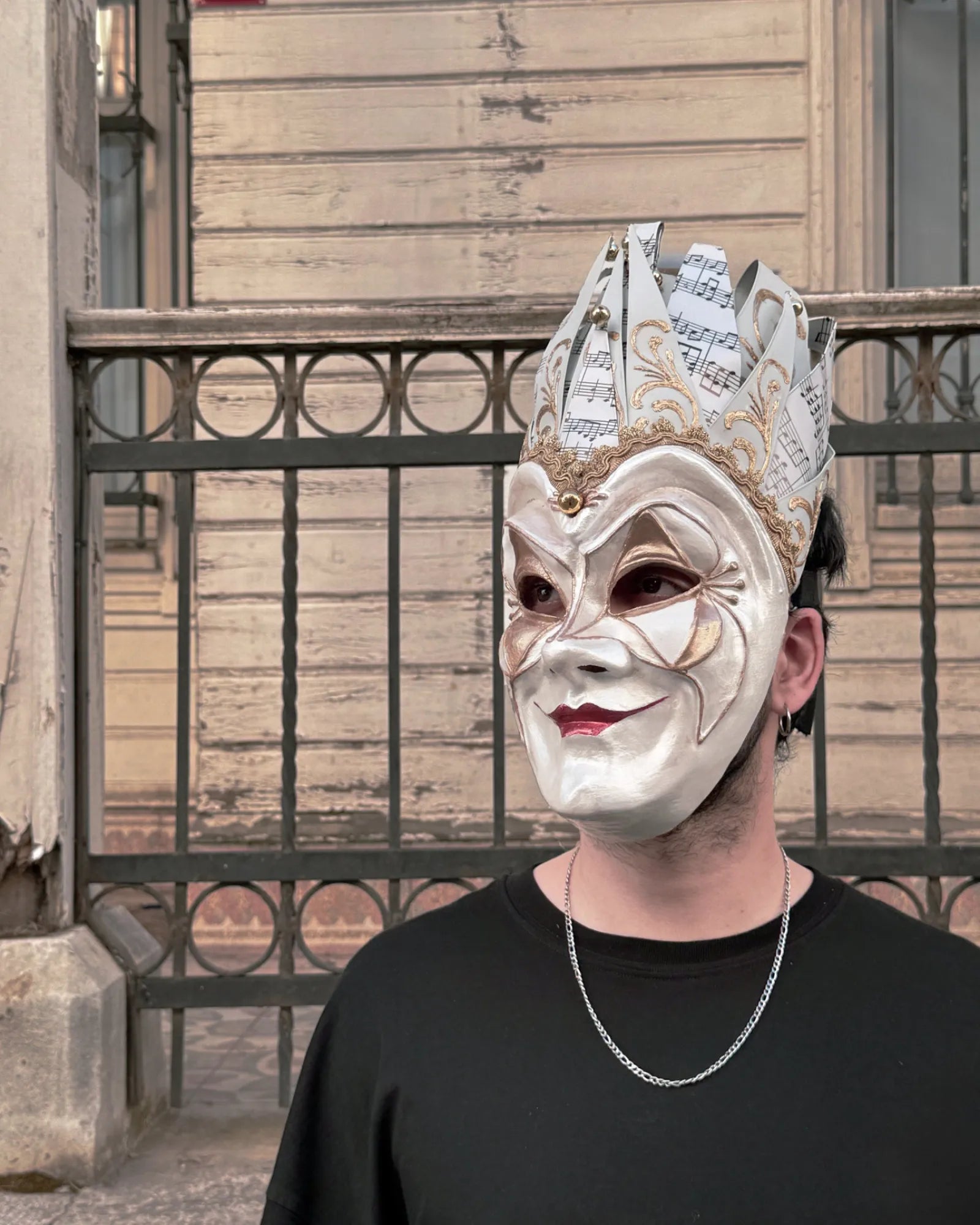 Handcrafted Joker Venetian Mask Unique White; Colorful Rio Carnival, Techno, featuring cosplay fantasy design and traditional Venetian style.