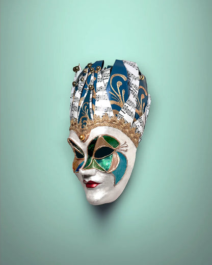 Joker Venetian Woman; Colorful Rio Carnival, Techno, Jolly Mask handcrafted Venetian cosplay mask with vibrant colors on display.