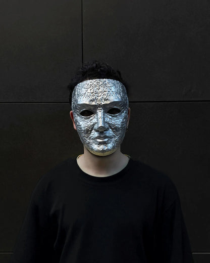 King Baldwin IV Kingdom of Heaven "The Leper" Embroidered Ancient Mask, handcrafted Venetian cosplay fantasy mask on model.