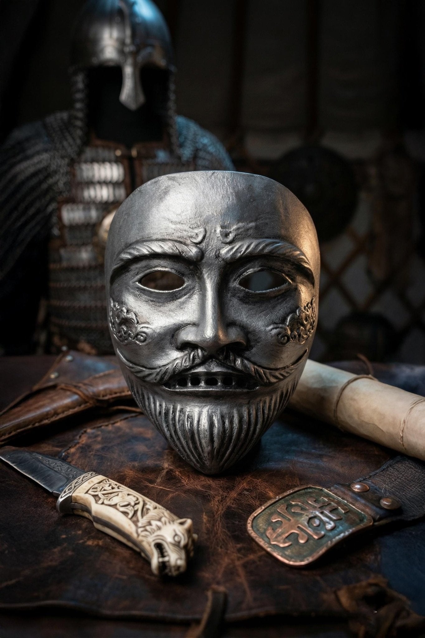 Kipchak Cuman Turkic Warrior Embroided Mask: Medieval Steppe Nomad Wall Decor – Handmade Historical Mask - Venemask