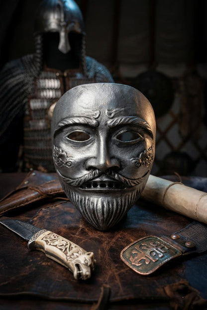 Kipchak Cuman Turkic Warrior Embroided Mask: Medieval Steppe Nomad Wall Decor – Handmade Historical Mask - Venemask