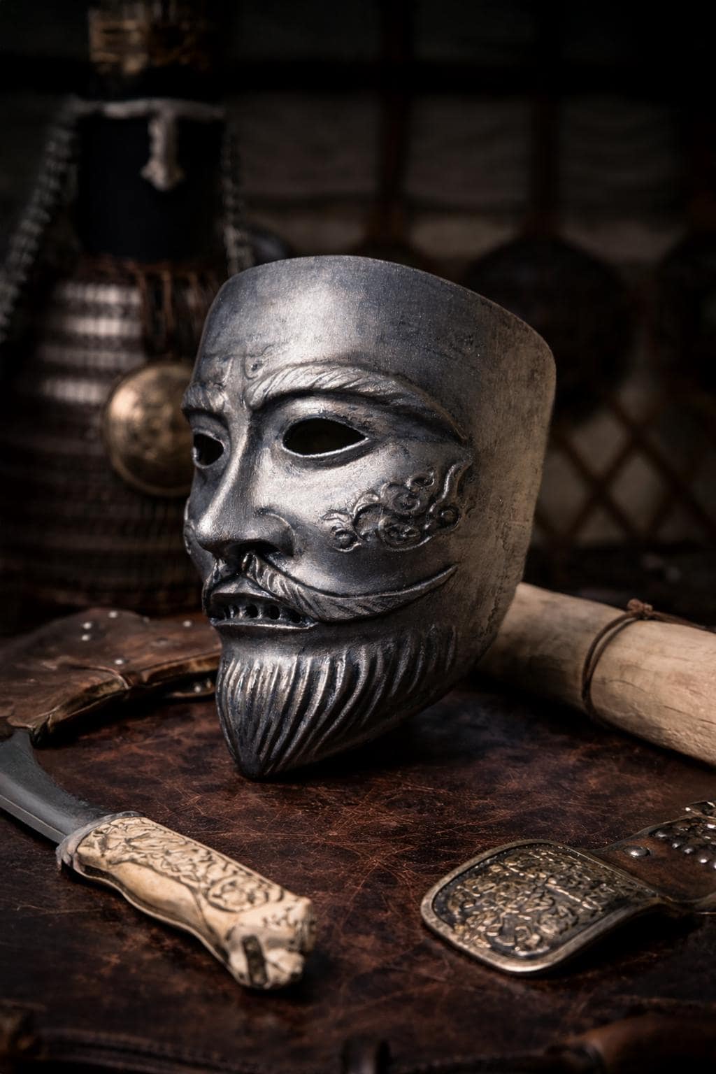 Kipchak Cuman Turkic Warrior Embroided Mask: Medieval Steppe Nomad Wall Decor – Handmade Historical Mask - Venemask