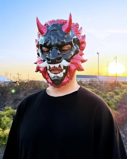Majesty of Lion Oni; Samurai Aesthetics Oni Demons Mythology Masquerade mask, handcrafted Venetian cosplay mask, outdoor setting