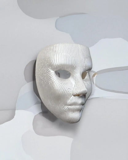 Minimalist Modern Lines; White Textured Face Sculpture, Modern Art mask displayed on a light background.
