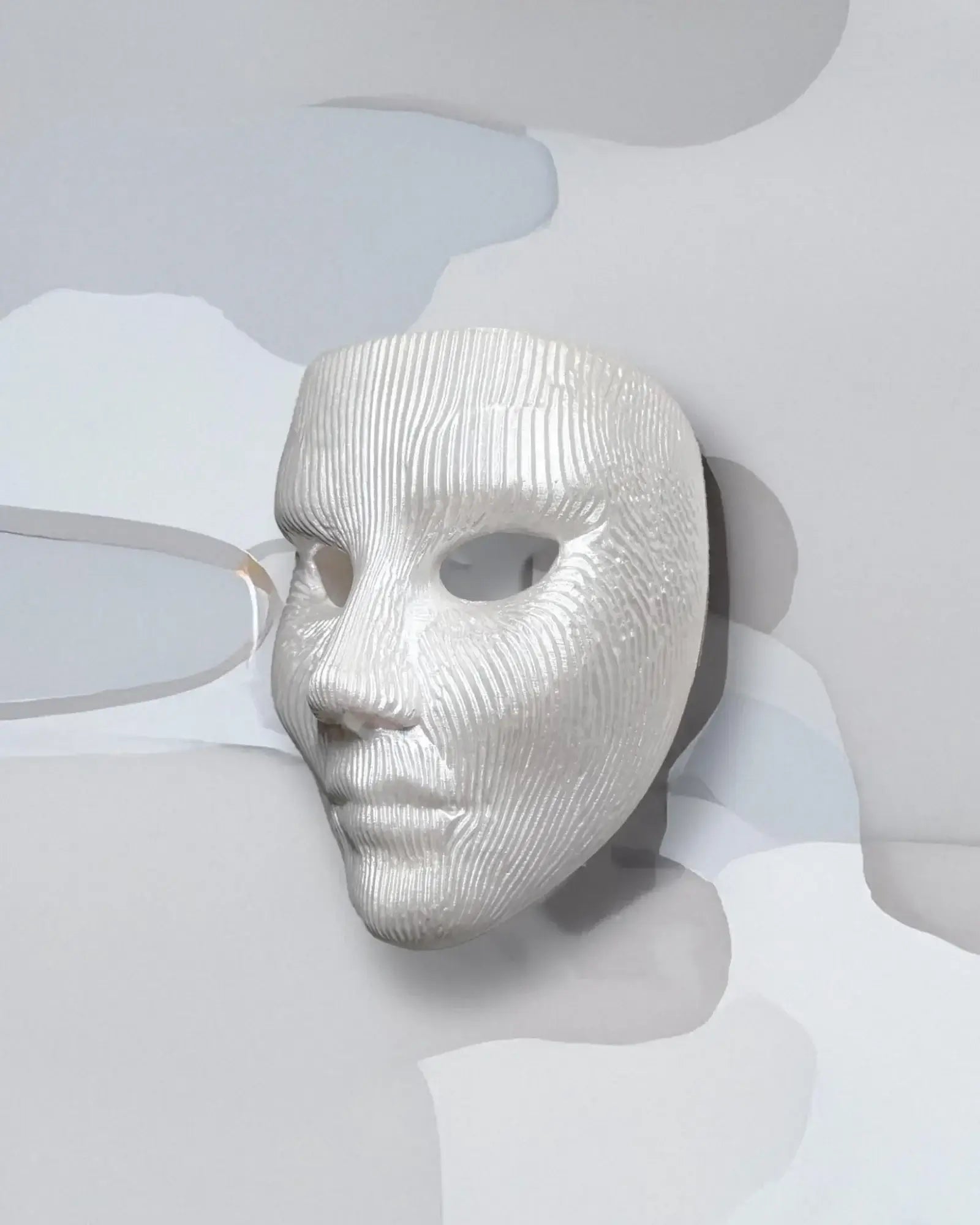 Minimalist Modern Lines; White Textured Face Sculpture, Modern Art mask displayed against a modern background.