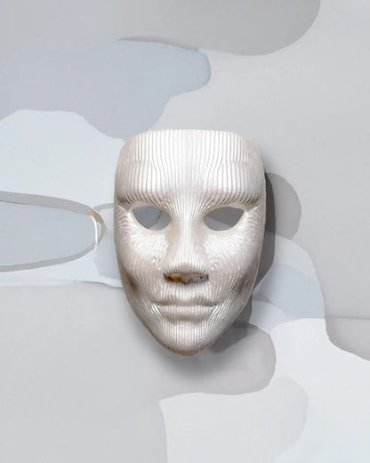 Minimalist Modern Lines; White Textured Face Sculpture, Modern Art mask displayed on a light background.