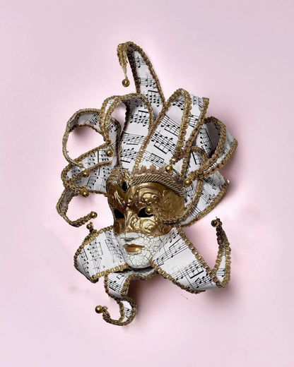Musical Jester; Gold Full Face with Pink Music Motifs Venetian Sun mask, handcrafted cosplay fantasy venetian mask for events.