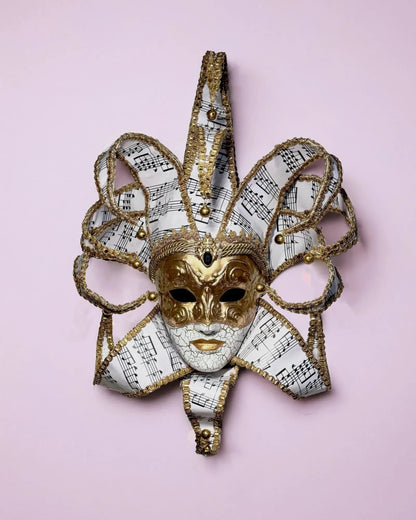 Musical Jester; Gold Full Face with Pink Music Motifs Venetian Sun mask - Venemask