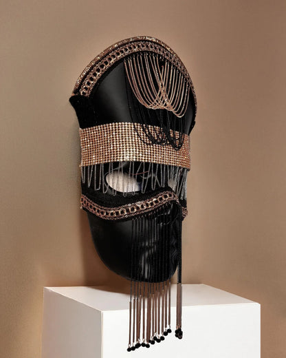 Nocturne Crown the Black Sultan; Mystic Chain Royal Veil, Velvet Dusk, Black & Gold luxury mask, handcrafted venetian cosplay fantasy mask