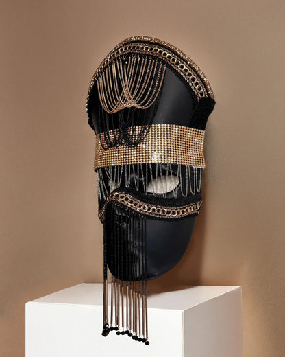 Nocturne Crown the Black Sultan; Mystic Chain Royal Veil, Velvet Dusk, Black & Gold luxury venetian cosplay mask handcrafted