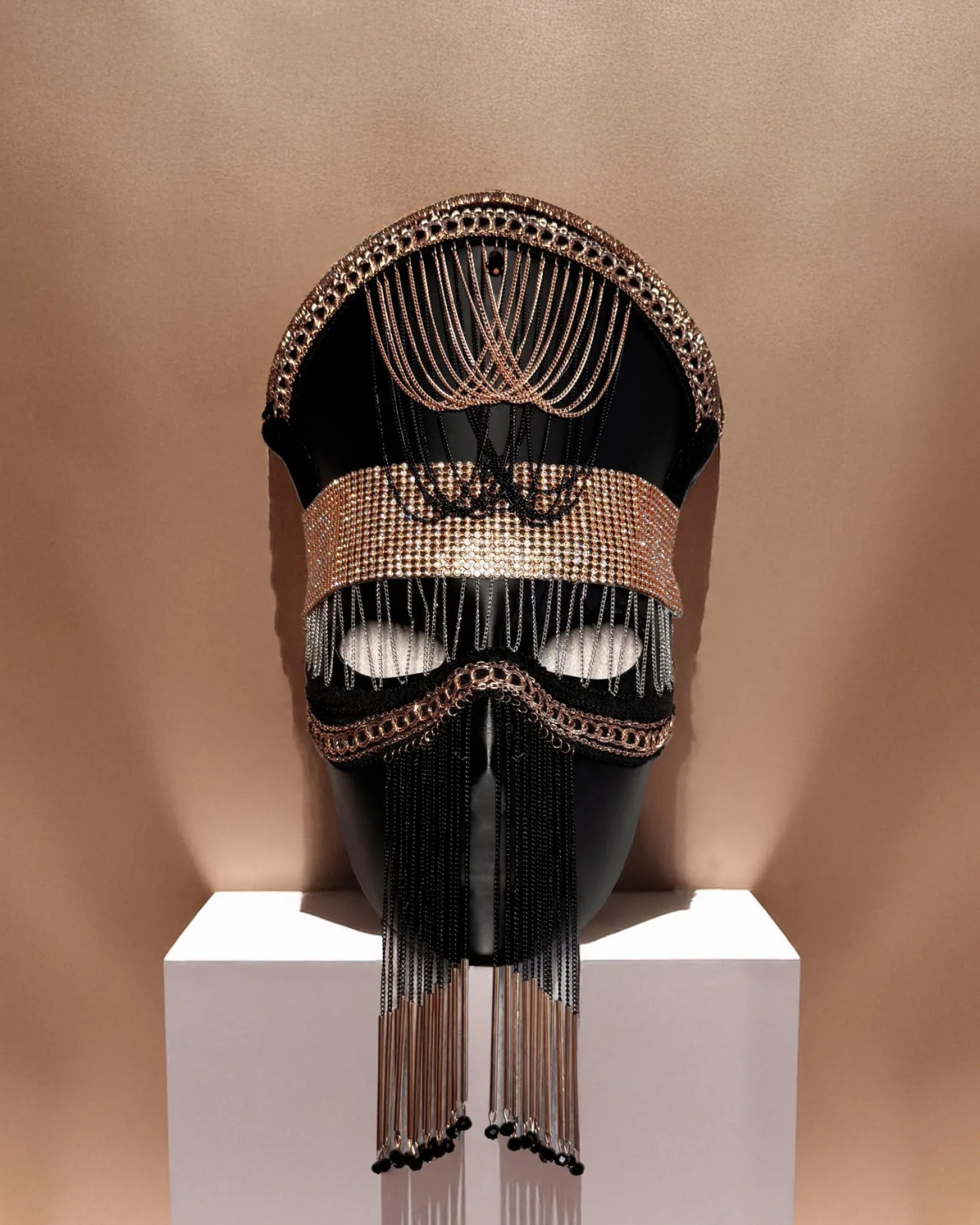 Nocturne Crown the Black Sultan; Mystic Chain Royal Veil, Velvet Dusk, Black & Gold luxury mask, handcrafted Venetian cosplay fantasy