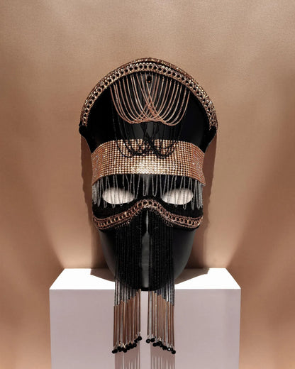 Nocturne Crown the Black Sultan; Mystic Chain Royal Veil, Velvet Dusk, Black & Gold luxury mask, handcrafted Venetian cosplay fantasy