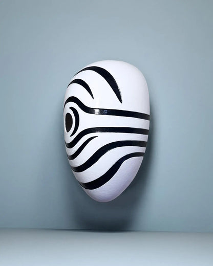 Obito Mex; Anime Akatsuki Cosplay Prop, Handmade Japanese Style mask showcasing handcrafted black and white design.