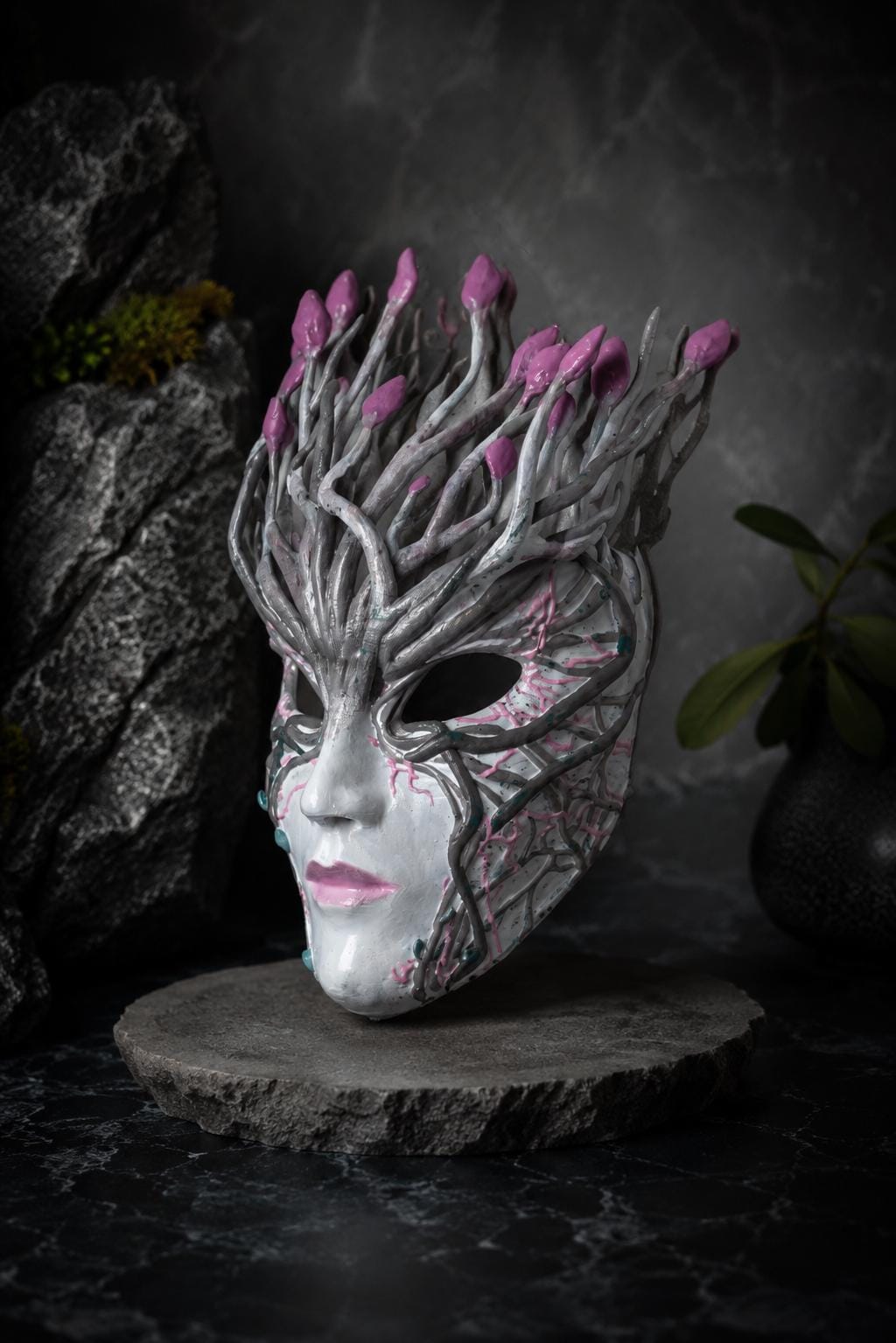 Pink Blossom Fantasy Forest Spirit Mask: Nature Goddess, Enchanted Tree Face - Venemask