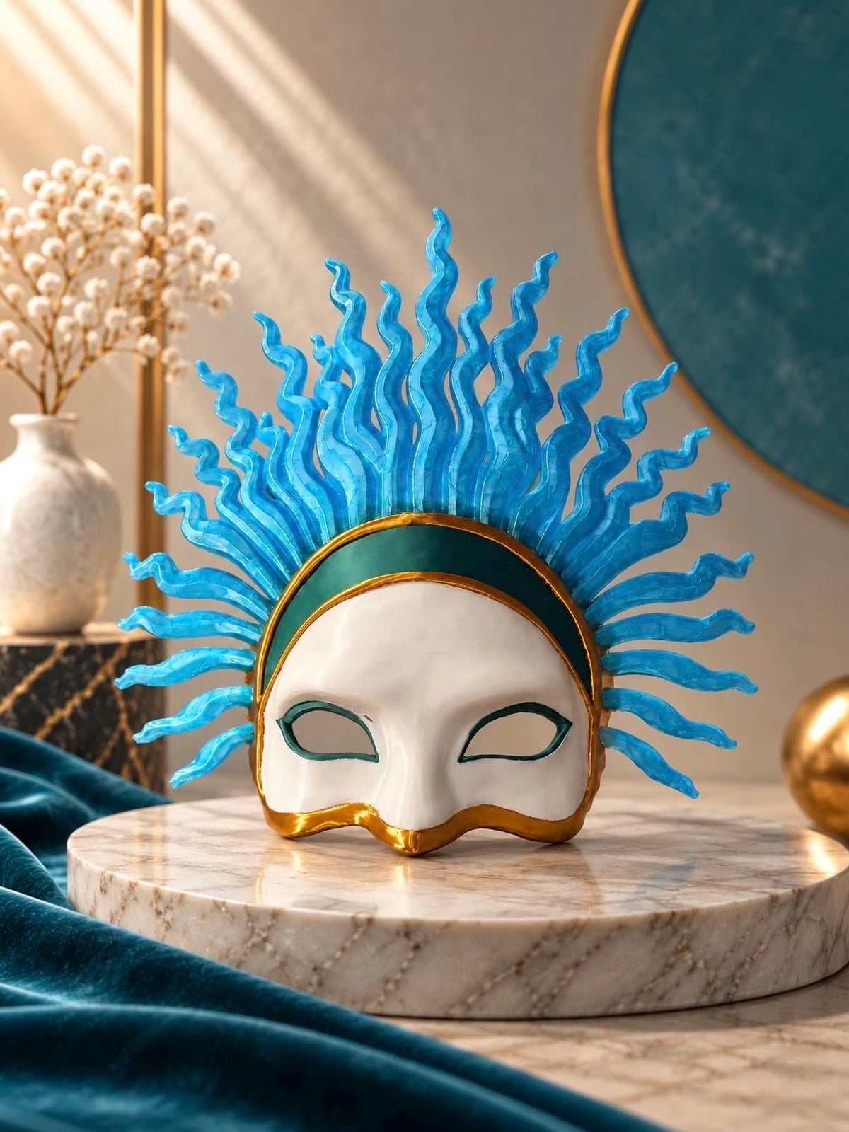 PRE-COLORED - NO Hand Crafted - Azure Flame Sun God – Blue Sunburst Masquerade, Venetian Mask Cosplay Face - Venemask