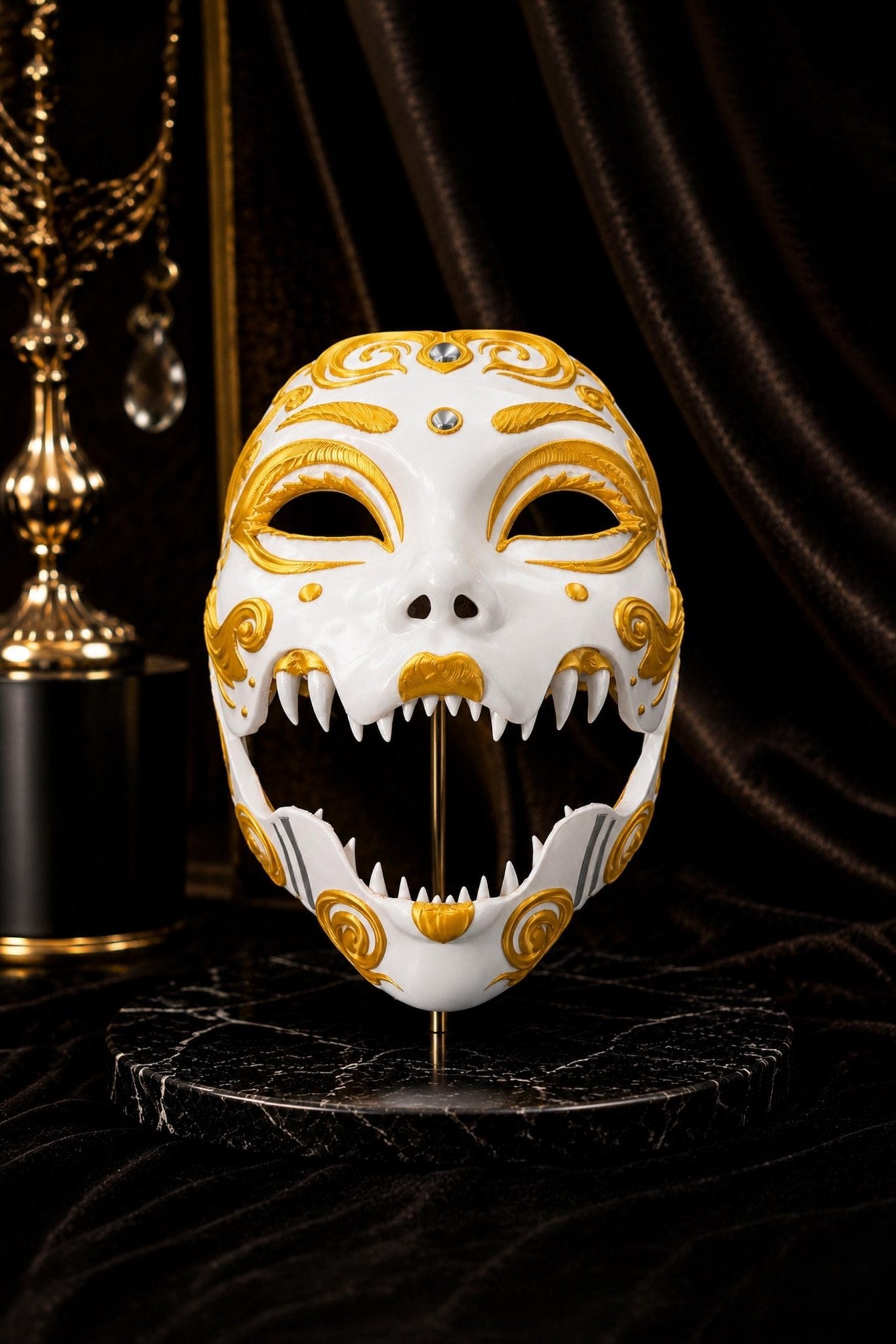 PRE-COLORED - NO Hand crafted Demon Geisha Gold Mask - Japanese Horror Folklore, Cosplay Masquerade - Venemask