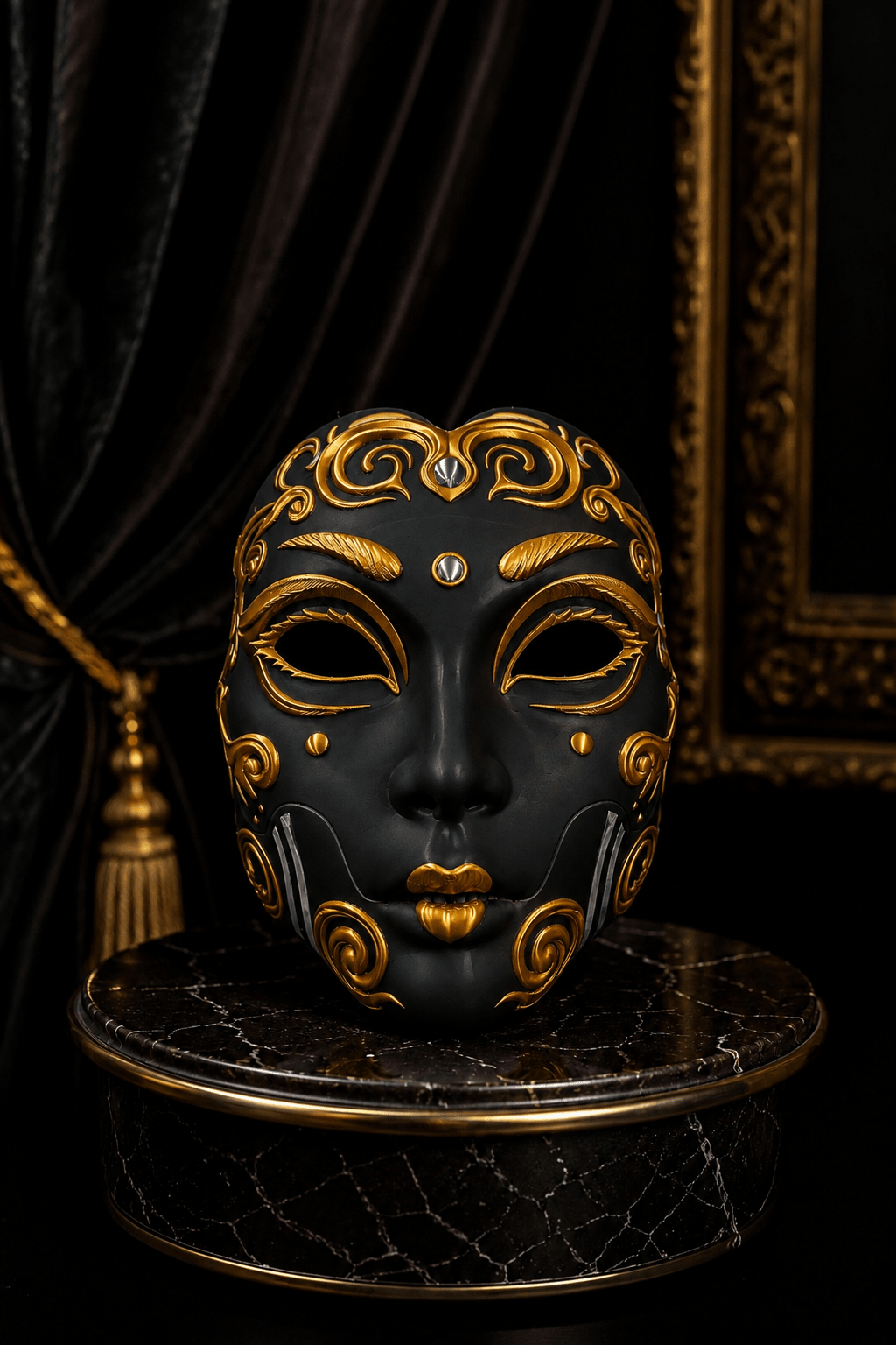 PRE-COLORED - NO Hand crafted Demon Geisha Gold Mask - Japanese Horror Folklore, Cosplay Masquerade - Venemask