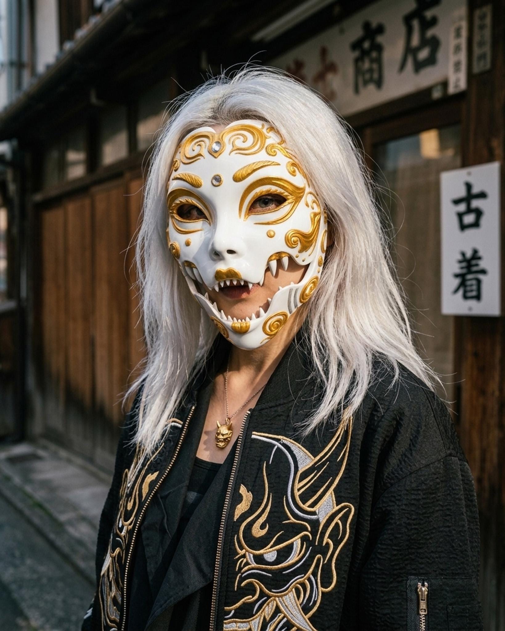 PRE-COLORED - NO Hand crafted Demon Geisha Gold Mask - Japanese Horror Folklore, Cosplay Masquerade - Venemask