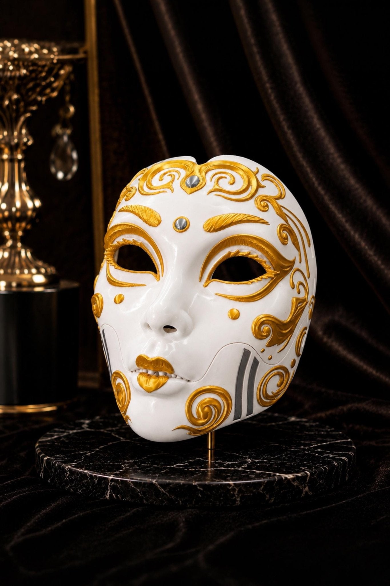 PRE-COLORED - NO Hand crafted Demon Geisha Gold Mask - Japanese Horror Folklore, Cosplay Masquerade - Venemask