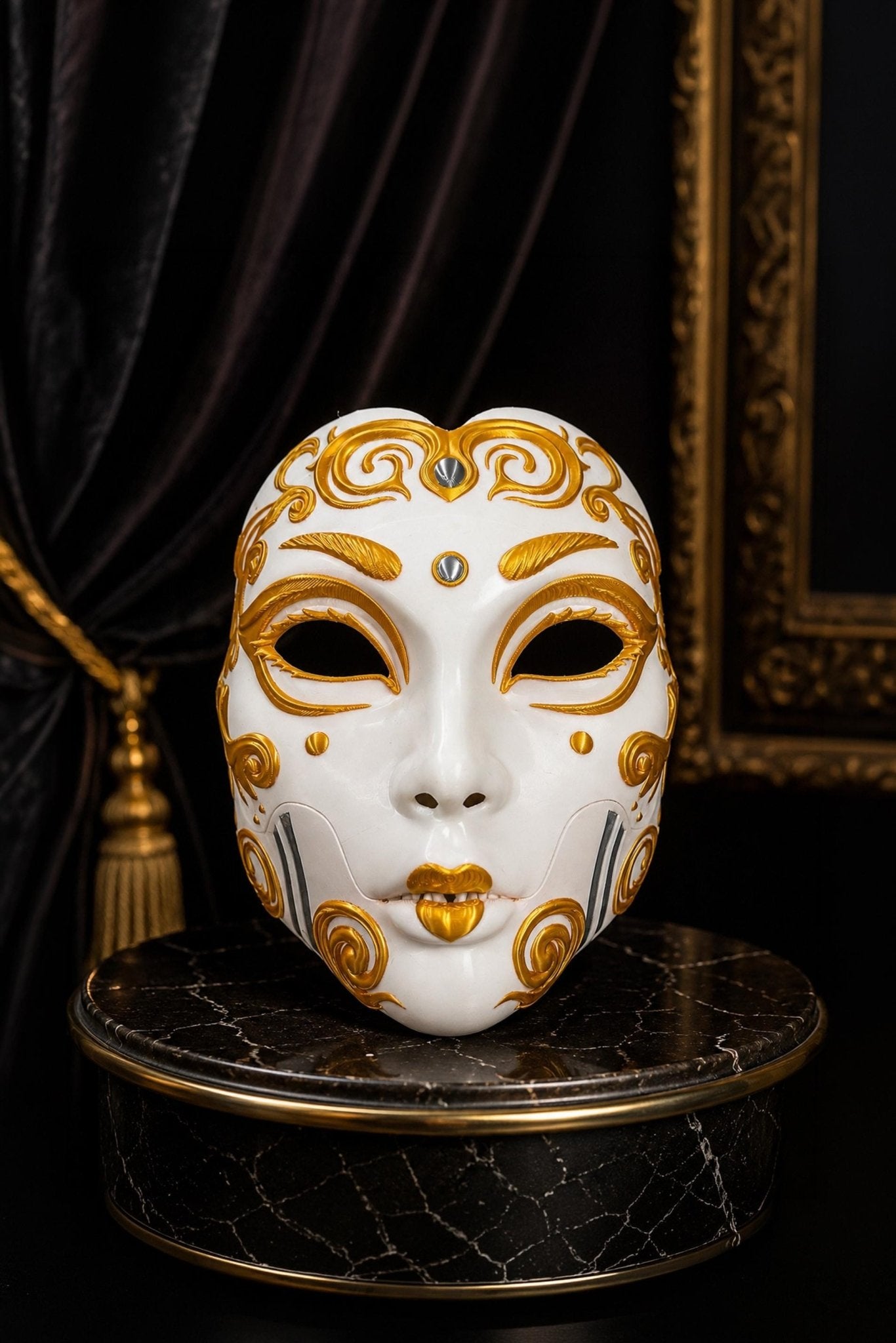 PRE-COLORED - NO Hand crafted Demon Geisha Gold Mask - Japanese Horror Folklore, Cosplay Masquerade - Venemask