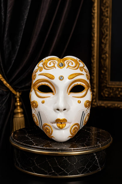 PRE-COLORED - NO Hand crafted Demon Geisha Gold Mask - Japanese Horror Folklore, Cosplay Masquerade - Venemask