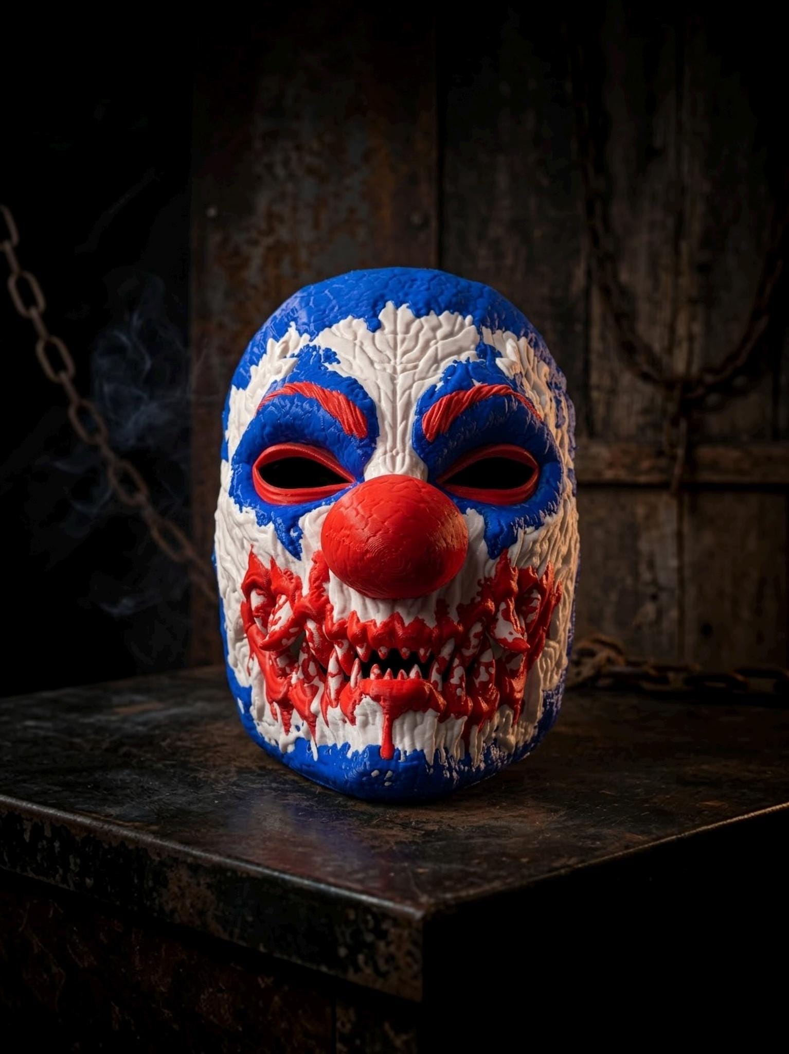 PRE-COLORED - NO Hand crafted Horror Clown Face Mask, Red White Blue Cosplay, Scary Halloween - Venemask